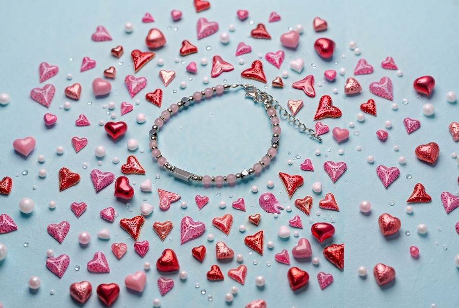 Bracciale in argento e pietre rosa fotografato in un'ambientazione a tema, da Stylio